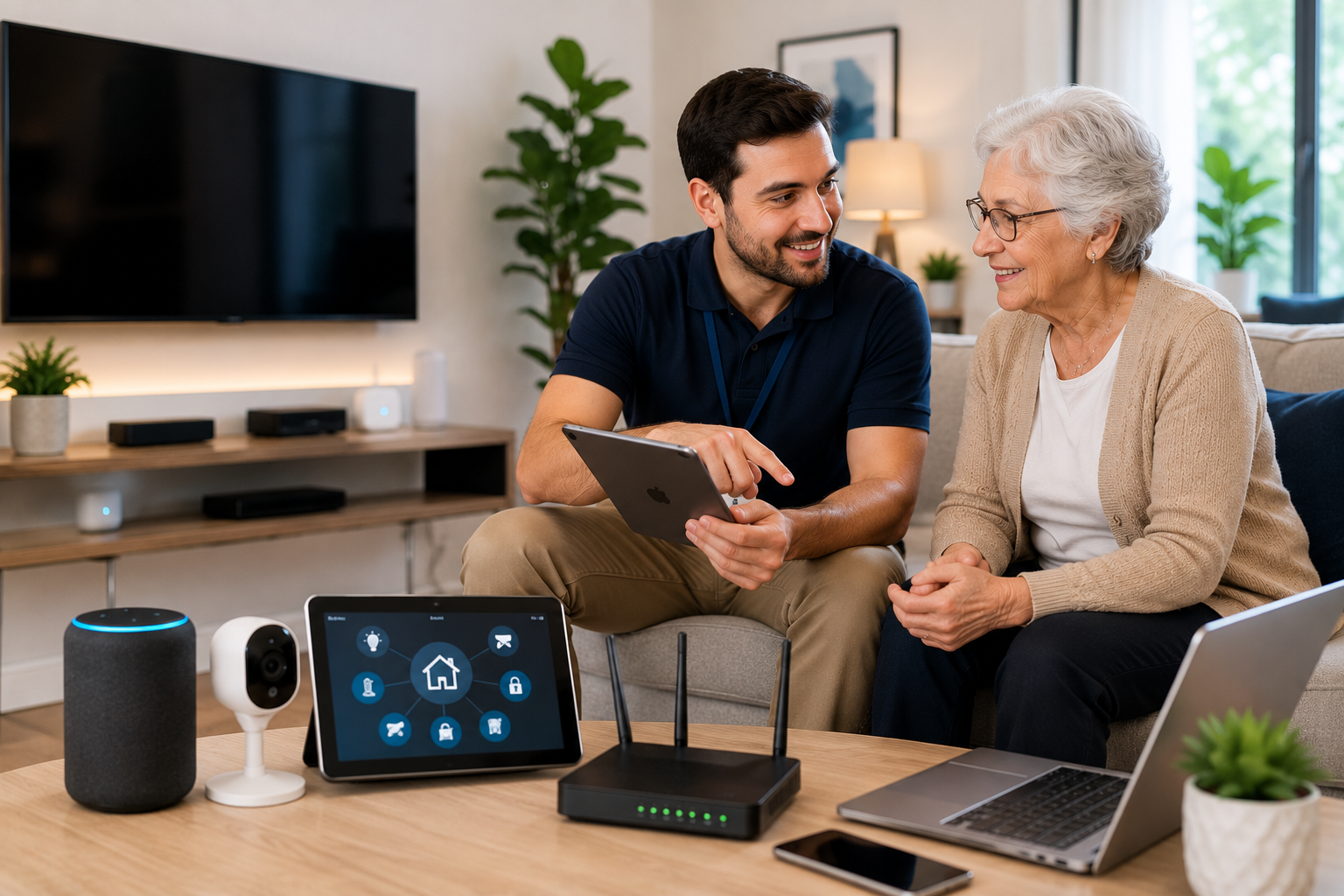 Senior citizen reviewing a clear home technology checklist safely with a patient technician