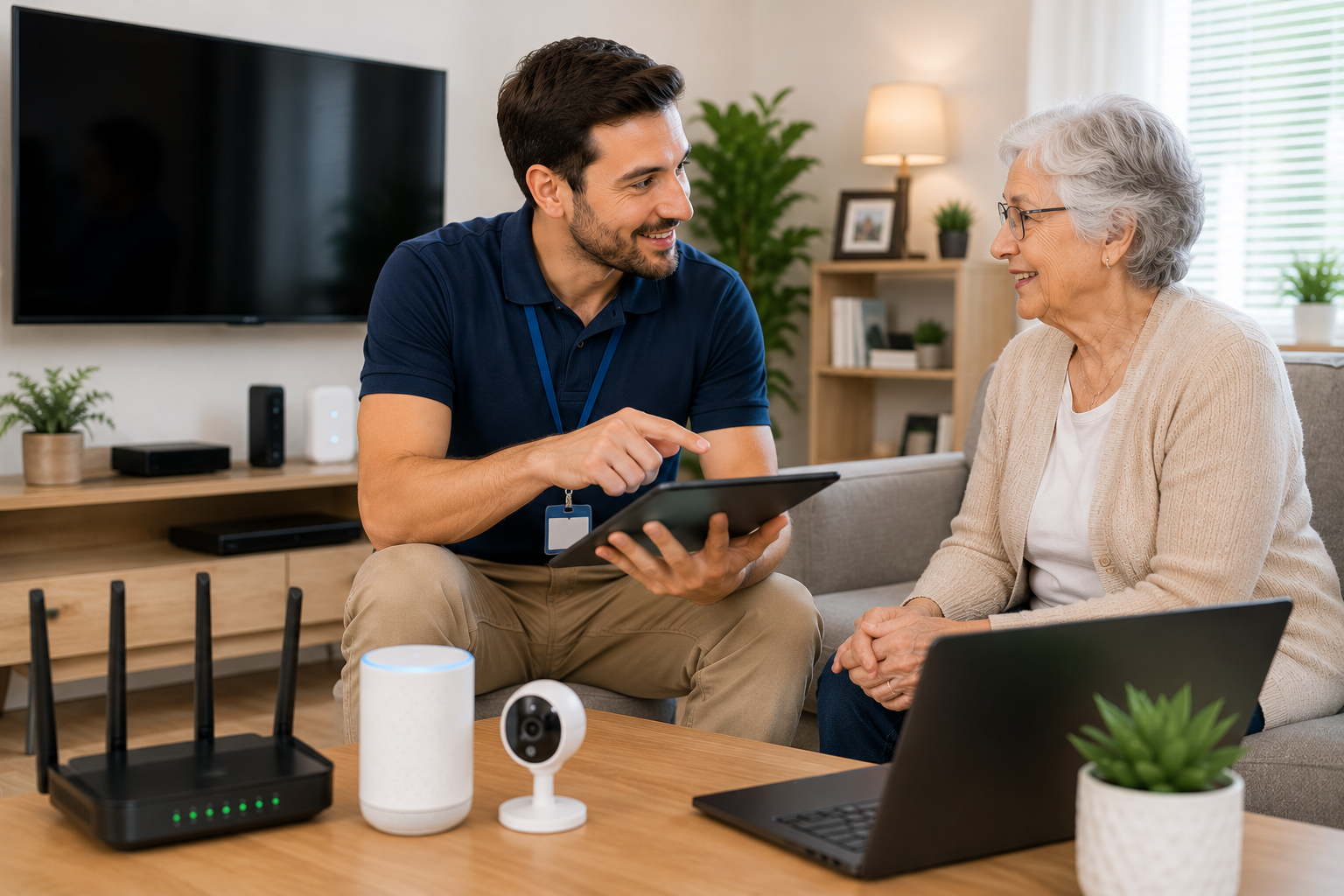 Familiar technician patiently helping a senior citizen learn how to use a tablet during a routine monthly support checkup