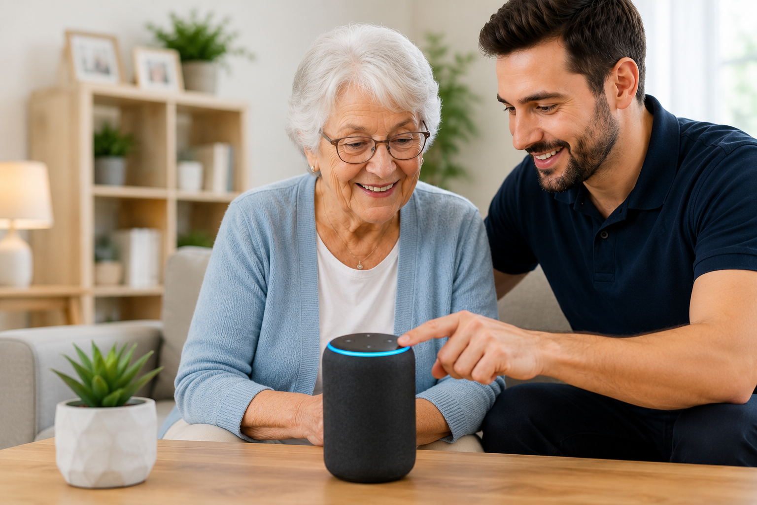 Senior citizen interacting with a smart speaker home assistant device comfortably